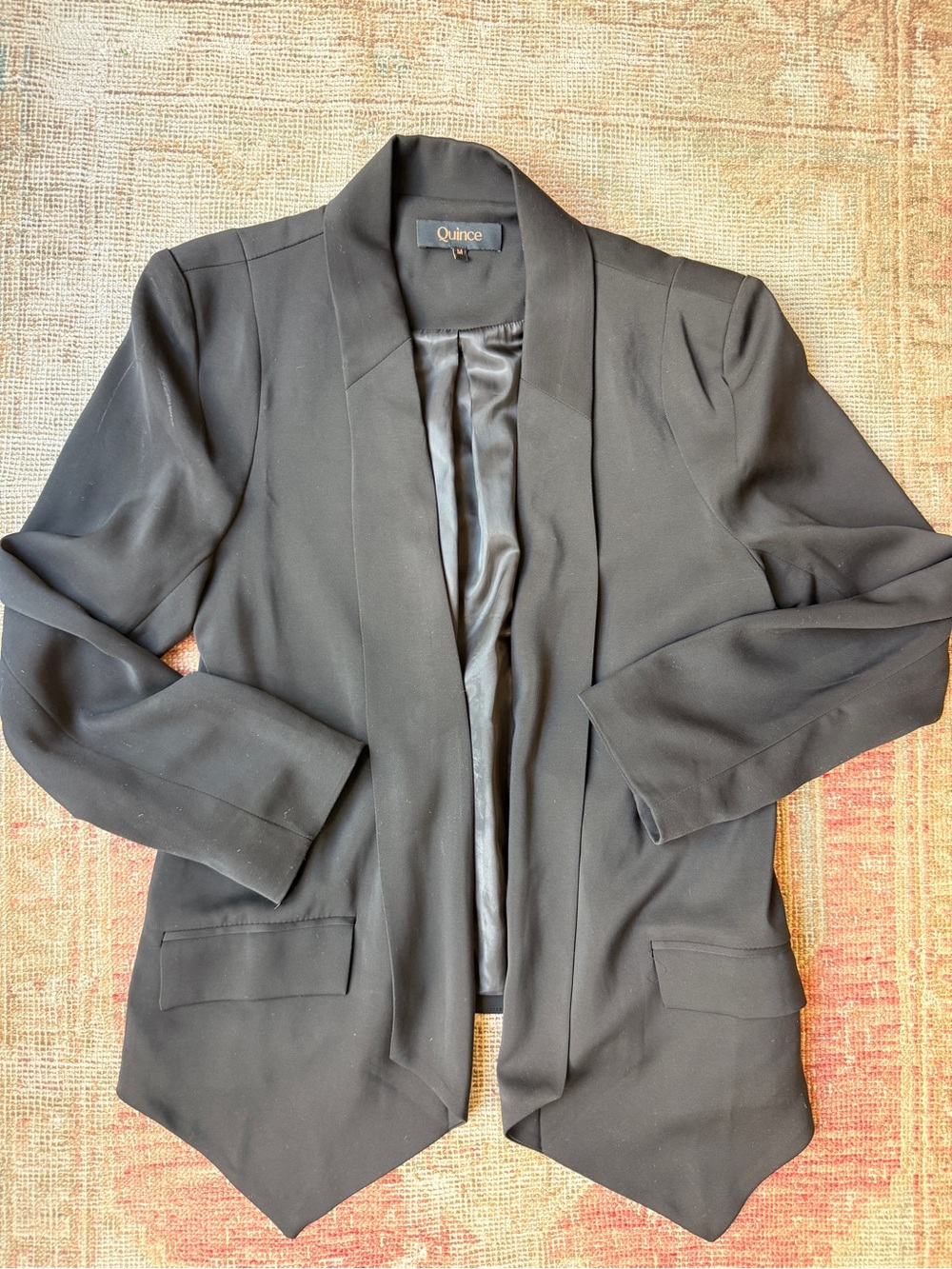 Quince Black Draped Open-Front Blazer with Shawl Lapel